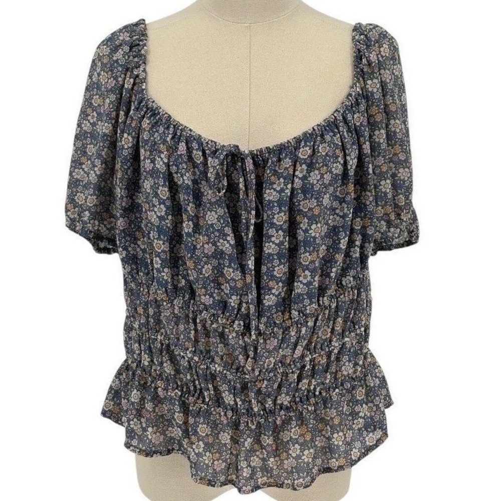 Forever 21 Floral Peasant‎ Top Blue Smocked Waist 2X